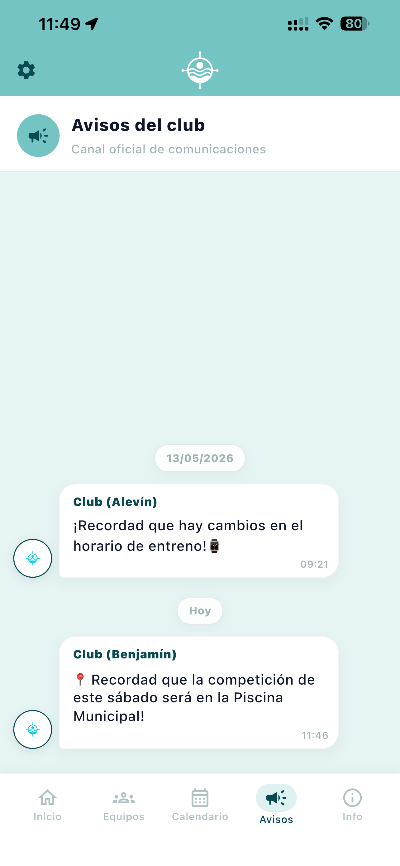 Captura real de la pantalla Avisos del club de SwimHub