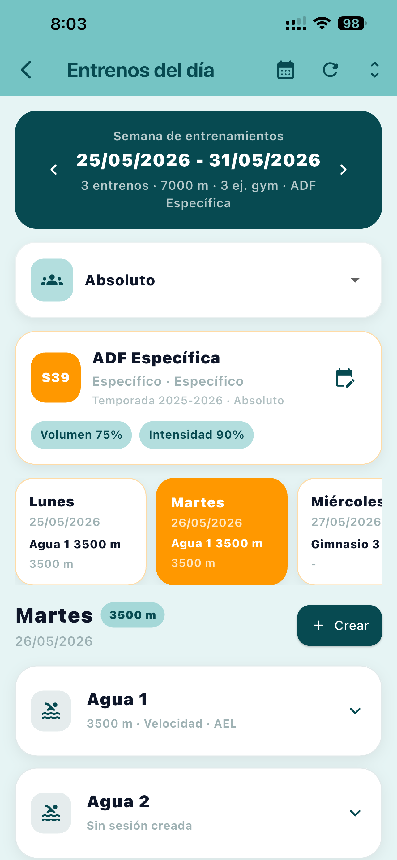 Captura real de la pantalla Entrenos del día de SwimHub