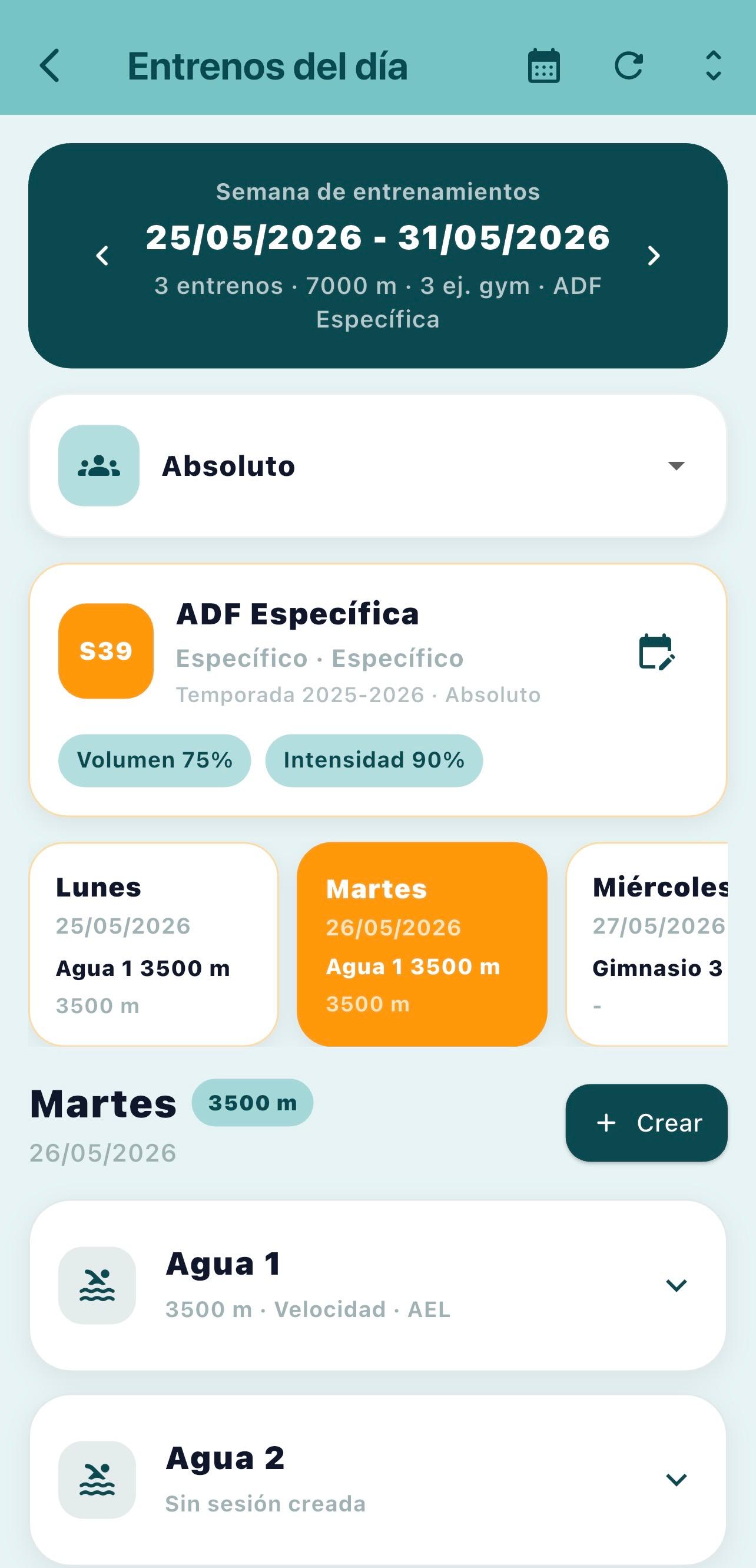 Captura real de la pantalla Entrenos del día de SwimHub